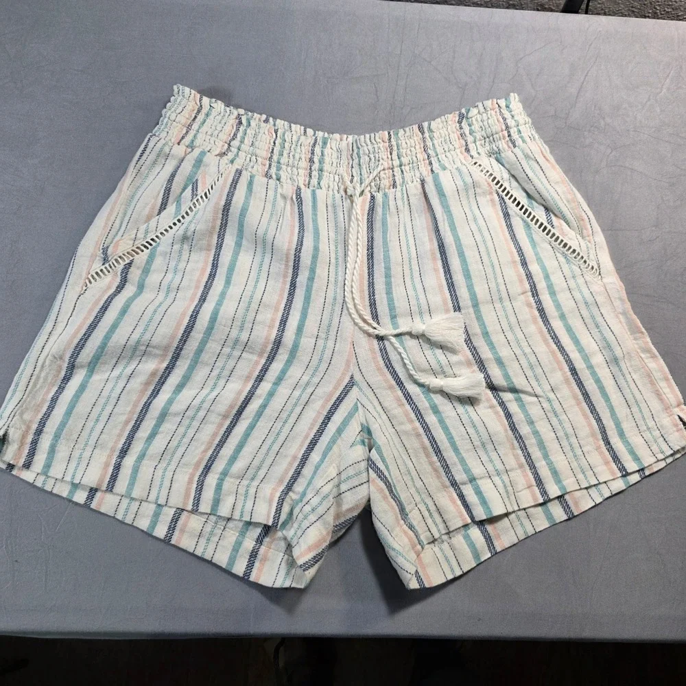 Briggs Womens Linen Blend Striped Smocked Waist Shorts Blue Coral Medium‎
